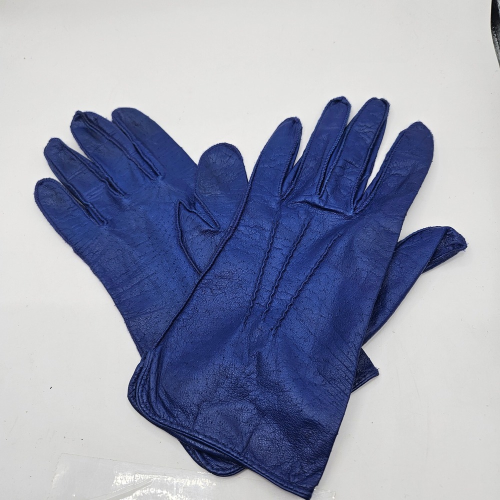VintageFownes Womens Cobalt Blue Genuine Leather Gloves Size 8 Stitched detail